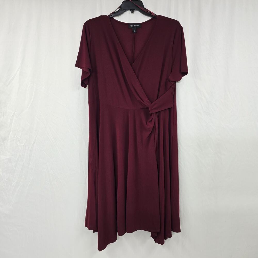 Perceptions NY Jersey Faux Wrap Dress Wome's 2X Burgundy Midi Short Sleeve NWT